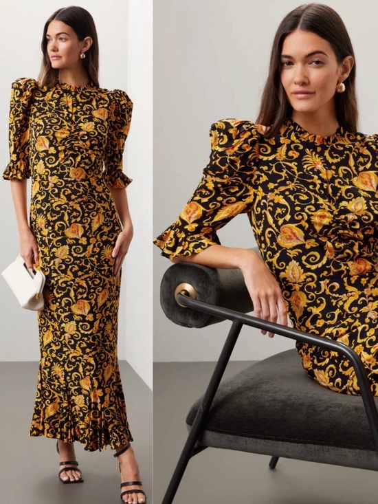 RHODE Dresses & Skirts - RHODE Felix Dress Black & Gold Floral Midi Dress with Ruffle Hem Sz 10